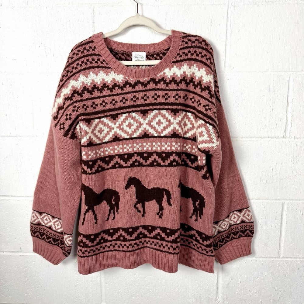 NWT Novelty Horse Sweater SZ L Mauve Relaxed Nordic Fair Isle Chunky Winter Cozy